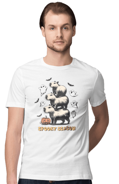 Men's t-shirt with prints Capybara Halloween. Animal, capybara, ghost, halloween, holiday, moon, pumpkin, rodent. 2070702