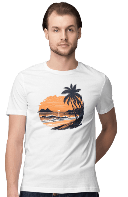 Футболка чоловіча з принтом "Безтурботний пляж на заході сонця". Захід сонця, пляж, розслаблення. Milkstore