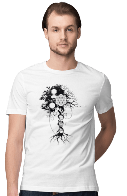 Футболка чоловіча з принтом "Древо життя". Геном людини, дерево життя, золотий перетин, квітка життя, сакральна геометрія, таємниця світобудови, таємниця числа фібоначчі, число бога, число фібоначчі. 2070702