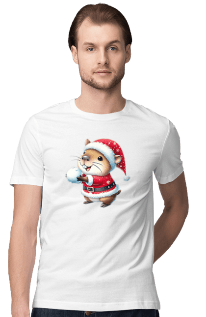 Men's t-shirt with prints Capybara playing snowballs. Animal, capybara, christmas, christmas capybara, game, gift, holiday, new year, santa, snowballs. 2070702