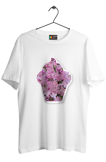 Men's t-shirt with prints Lilac cupcake. Cake, cupcake, flowers, lilac, nature, pink, sweet, tender. CustomPrint.market