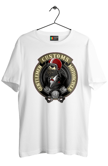 Men`s t-shirt with prints Gentlemen motorcycle. Gentleman, helmet, motorcycle, skull. 2070702