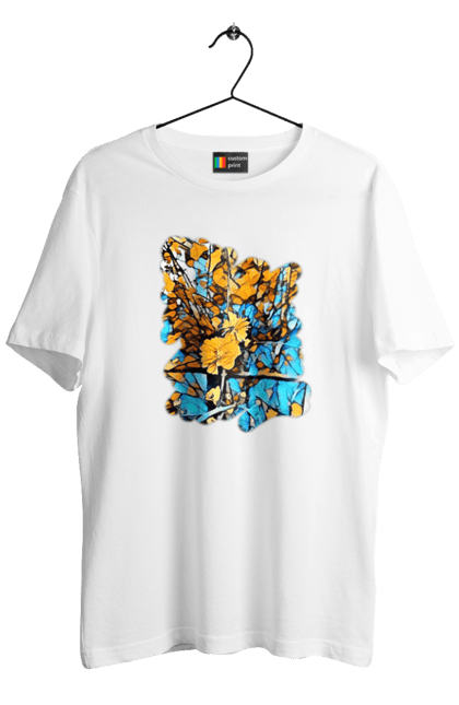 Футболка чоловіча з принтом "Жовті квіти на синьому фоні". Арт, жовтий та синій, жовті квіти, жовто-синій, квіти, малюнок, природа, синій та жовтий, синьо-жовтий. 2070702