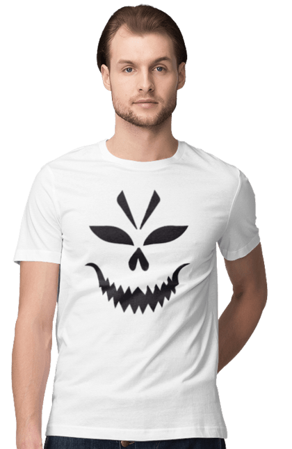 Men's t-shirt with prints Halloween pumpkin face. Costume, halloween, holiday, october, october 31, pumpkin, scary, sweets, trick or treat. 2070702