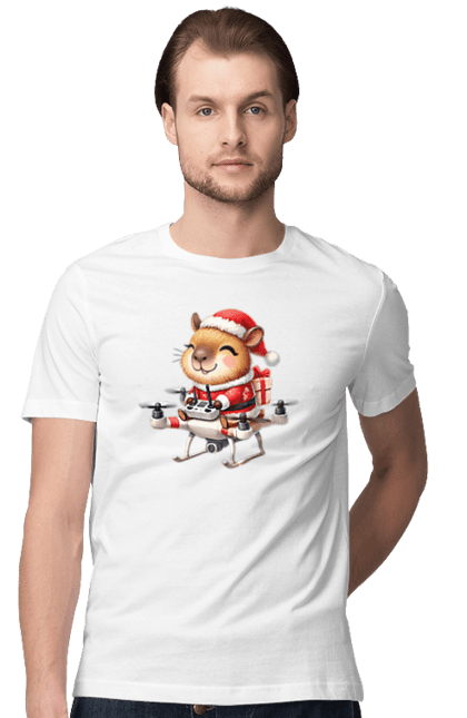 Men's t-shirt with prints Christmas Capybara with a Gift. Animal, capybara, christmas, christmas capybara, gift, holiday, new year, new year`s gift, santa. 2070702