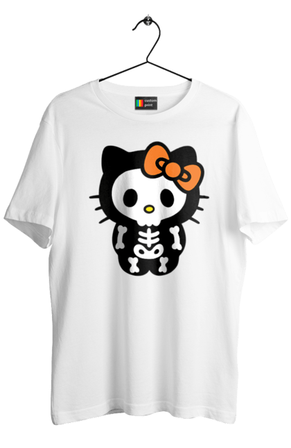 Футболка мужская с принтом Хелло Китти Хэллоуин. Halloween, hello kitty, zombie, бренд, зомби, котенок, персонаж, скелет, хелло китти, хэллоуин. 2070702