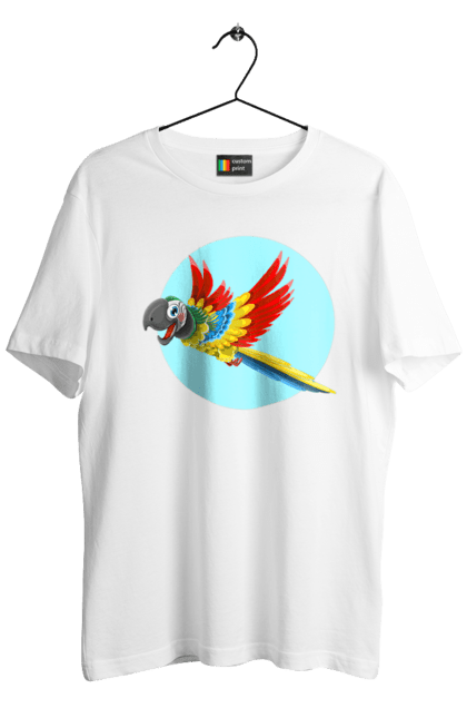 Футболка чоловіча з принтом "Папуга". Барвистий папуга, какаду, кольоровий папуга, папуга, що летить. 2070702
