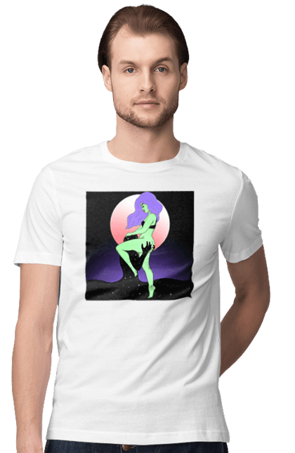 Футболка чоловіча з принтом "Зелена Дівчина І Місяць". Інопланетянка, місяць. 2070702