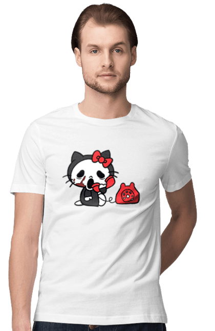 Футболка мужская с принтом Хелло Китти Хэллоуин. Halloween, hello kitty, бренд, кот, котенок, персонаж, хелло китти, хэллоуин. 2070702