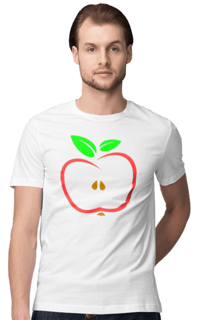 Футболка чоловіча з принтом "Яблуко". В розрізі, веган, вегетаріанець, делікатес, дієта, їжа, листя, літо, плід, половина, половинка, смачно, стигле, урожай, червоне, яблуко, яблучко. ART принт на футболках