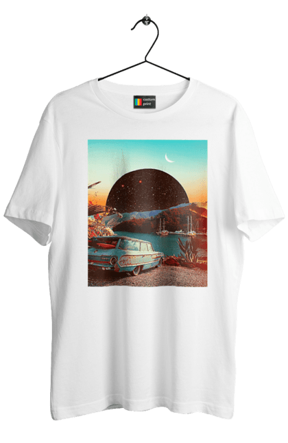 Men`s t-shirt with prints Painting, car by the river. Joke, machine, picture, planet, retro, river. 2070702