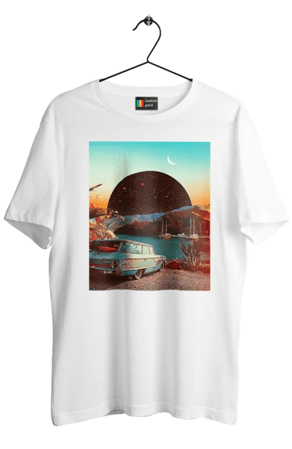 Men`s t-shirt with prints Painting, car by the river. Joke, machine, picture, planet, retro, river. 2070702