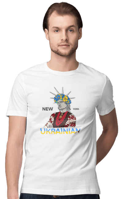 Футболка чоловіча з принтом "UA & NY". Вишиванка, вінок, нью йорк, статуя свободи, україна. 2070702