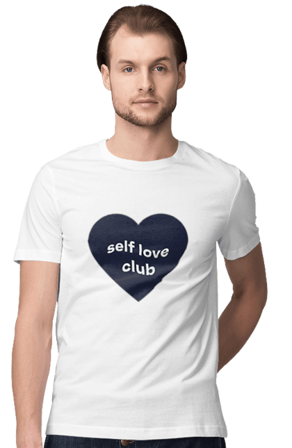 Футболка чоловіча з принтом "Self love club". Бодіпозитив, девіз, любов до себе, мінімалізм, напис, серце. Loyena Shop