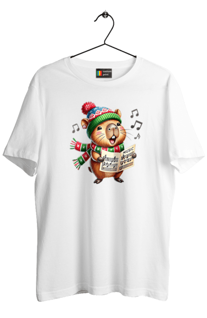 Men's t-shirt with prints Capybara sings Christmas songs. Animal, capybara, choir, christmas, christmas capybara, gift, holiday, music, new year, santa. 2070702