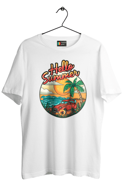 Men`s t-shirt with prints Hello Summer, Car By The Sea. Beach, island, palm, summer. 2070702