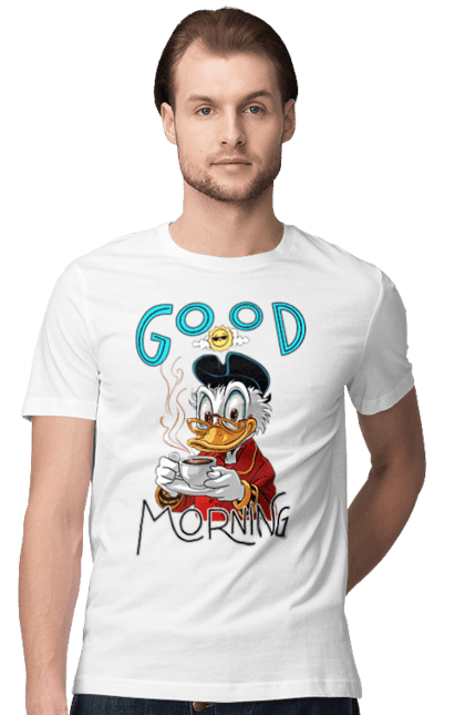 Men's t-shirt with prints Scrooge McDuck. Coffee, cup, disney, mcduck, scrooge, scrooge mcduck, uncle scrooge. 2070702