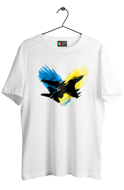 Футболка чоловіча з принтом "Літак F 16". З прапором, зсу, літак, літак f16, патріотична, прапор, ф16. 2070702