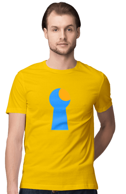 Футболка мужская с принтом Замочная скважина. Дверь, замок, ключ, любопытство, открой двери, свет сквозь, скважина, щель. 2070702