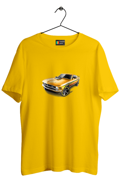 Футболка мужская с принтом Форд мустанг. An american legend, cult car, ford mustang, mustang, powerful car, shelby, yellow mustang. 2070702