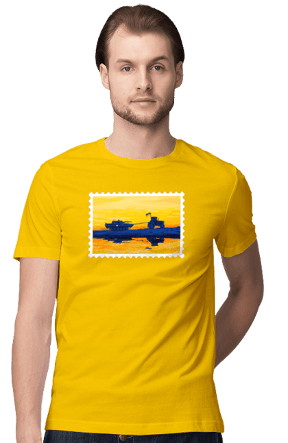 Футболка чоловіча з принтом "Нова марка, трактор що тягне танк". Добрий вечір, доброго вечора, марка, марка україни, марка укрпочта, ні війні, трактор тягне танк, тракторні війська, укрпочта. 2070702