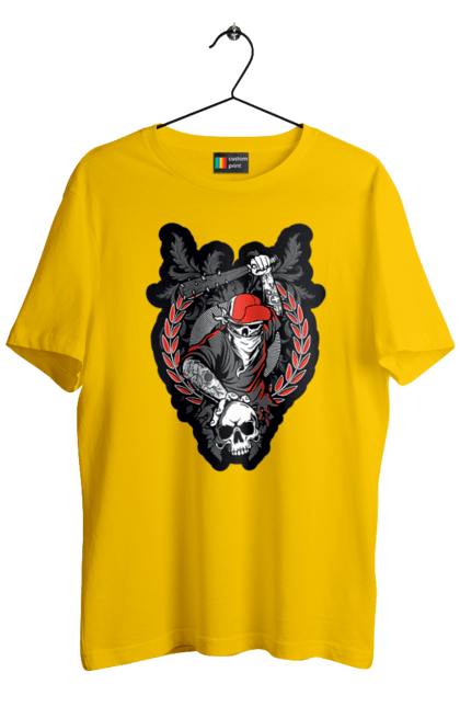 Men's t-shirt with prints Skeleton with a bat. Bit, bones, cap, gang, nails, scull, skeleton, tattoo, teeth. 2070702