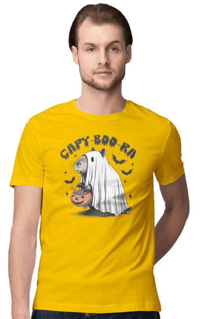 Men's t-shirt with prints Capybara Halloween. Animal, capybara, ghost, halloween, holiday, moon, pumpkin, rodent. 2070702