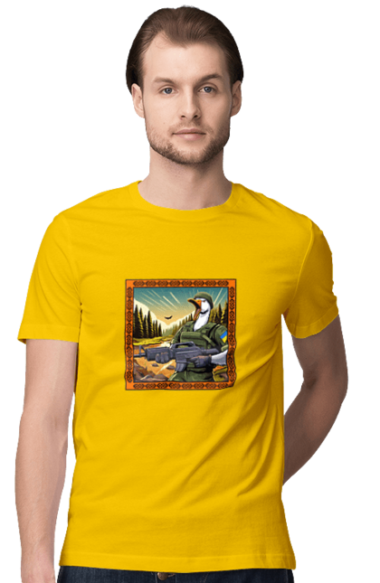 Men`s t-shirt with prints Goose landing. Armed forces, biological weapons, fighting geese, flag, goose landing, military goose, symbolics, ukraine. 2070702