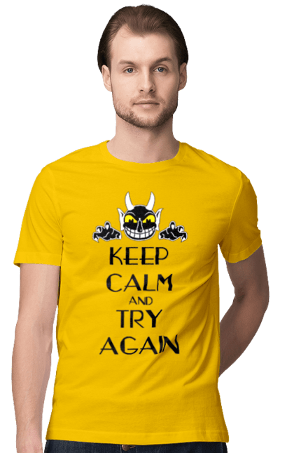 Men's t-shirt with prints Keep calm and try again. Calmness, demon, heck, keep calm, satan, stay calm, try again. 2070702