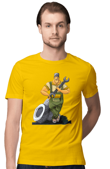 Футболка мужская с принтом Автомастер. Гаечный ключ, колеса, профессия. 2070702