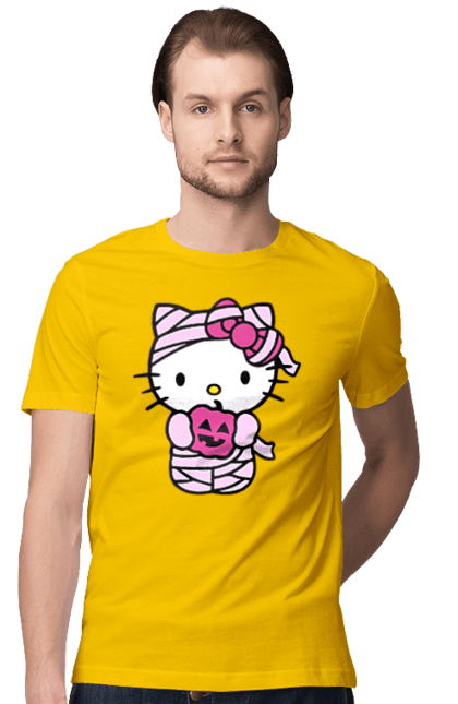 Men's t-shirt with prints Hello Kitty Halloween. Brand, cat, character, halloween, hello kitty, kitten, kitty, mummy. 2070702