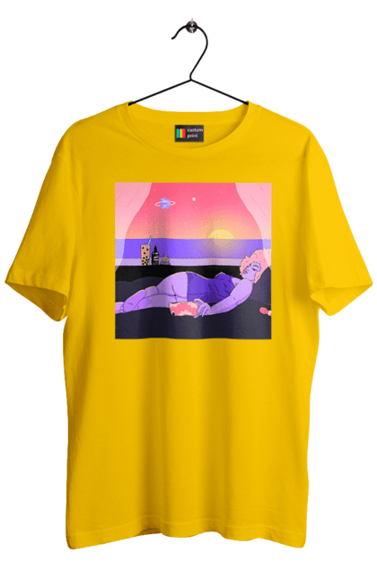 Футболка чоловіча з принтом "Фіолетова Дівчина На Відпочинку". Дівчина, захід, телефон. 2070702