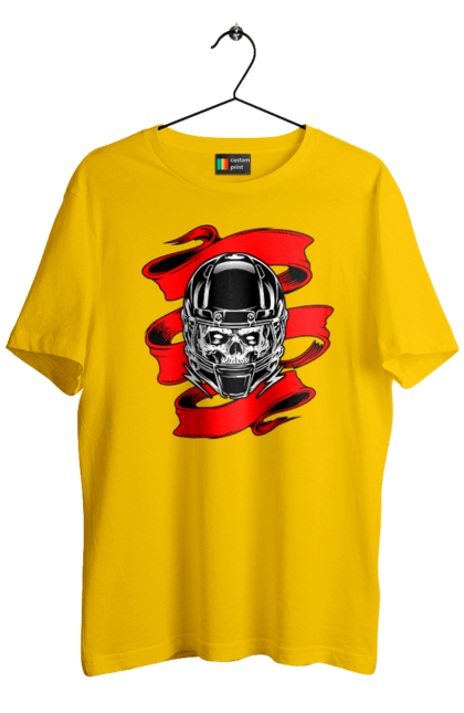 Men`s t-shirt with prints Skull in a motorcycle helmet. Helmet, moto, skull, tape. 2070702