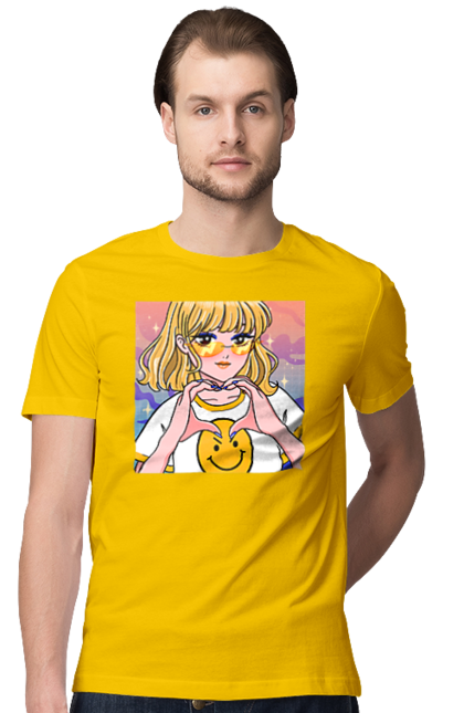 Men`s t-shirt with prints Yellow Girl. Anime, girl, smiley. 2070702