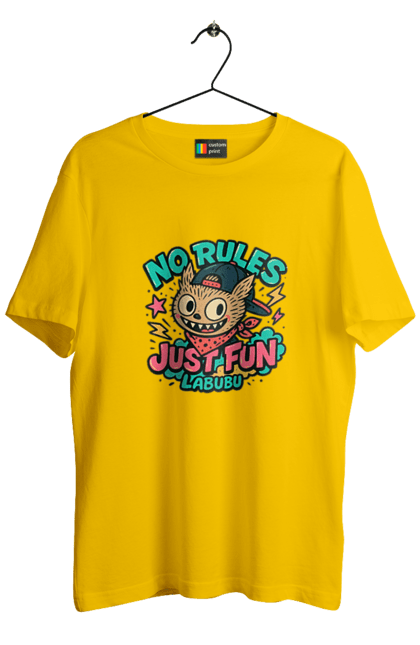 Футболка чоловіча з принтом "Лабубу". Norulesjustfun, y2k, бандана, вуличний стиль, грайливий, графіті, зухвалий, лабубу, ретромультяшка, яскраво. 2070702