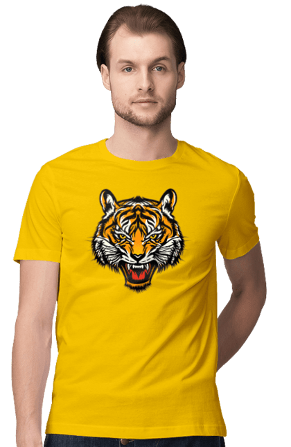 Футболка чоловіча з принтом "Голова жовтого тигра". Голова тигра, джунглі, жовтий тигр, тварини, тигр. CustomPrint.market