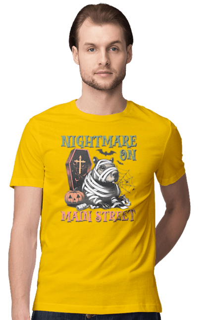 Men's t-shirt with prints Capybara Halloween. Animal, capybara, ghost, halloween, holiday, moon, mummy, pumpkin, rodent. 2070702