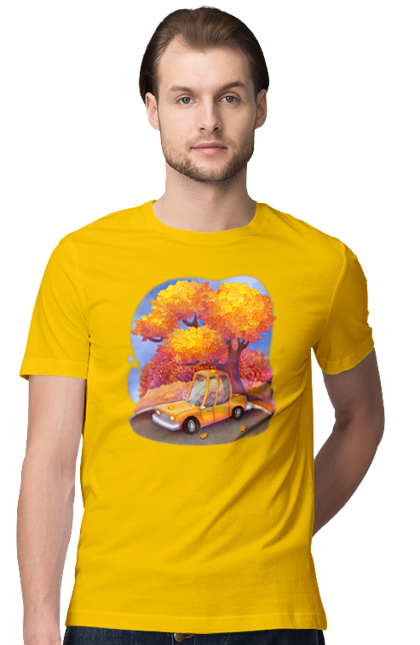 Футболка чоловіча з принтом "Осiнь Авто Дерево". Дерево, жовтий мила ілюстрація, машина, осінь, помаранчевий. 2070702