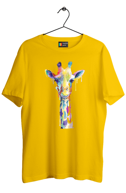 Футболка чоловіча з принтом "Жираф". Арт, жираф, кольоровий, роги, тварини, фарби, шия. CustomPrint.market