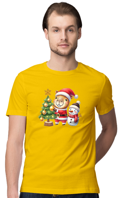 Men's t-shirt with prints Christmas Capybara with a Tree. Animal, capybara, christmas, christmas capybara, christmas tree, gift, holiday, new year, new year`s gift, santa. 2070702