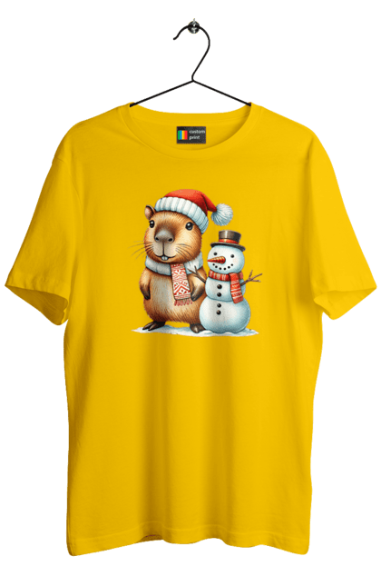 Men's t-shirt with prints Capybara and Snowman. Animal, capybara, christmas, christmas capybara, gift, holiday, new year, new year`s gift, santa, snowman. 2070702