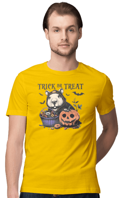 Men's t-shirt with prints Capybara Halloween. Animal, capybara, halloween, holiday, moon, pumpkin, rodent. 2070702