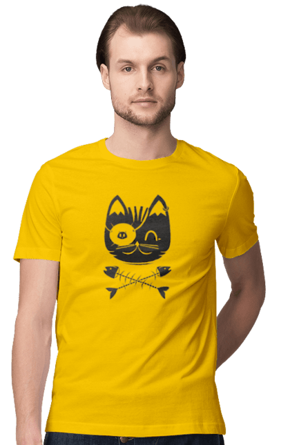 Футболка чоловіча з принтом "Кіт пірат". Кістки, кіт, крутий малюнок, милі рисунки, пірати, риба, тварини, череп. 2070702