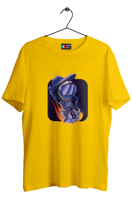 Футболка чоловіча з принтом "Космо біткоїн". Биткоин, бінарний, біткоїн, біткойн, валюта, гроші, крипто, програміст, хакер. 2070702