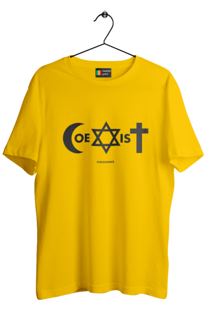 Футболка мужская с принтом Coexist. Coexist, ислам, иудаизм, межрелигиозный диалог, равенство, религия, символы веры, толерантность, христианство. 2070702