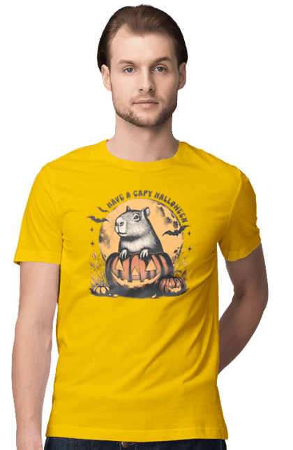 Men's t-shirt with prints Capybara Halloween. Animal, capybara, halloween, holiday, moon, pumpkin, rodent. 2070702