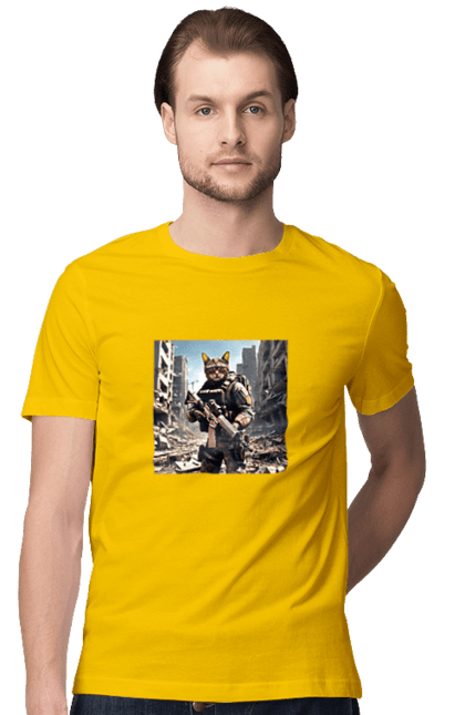 Футболка чоловіча з принтом "Кіт десантник". Бронежилет, війна, військовий, гвинтівка, захисник, камуфляж, кіт, рушниця. 2070702