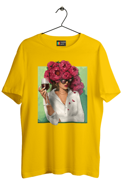 Футболка чоловіча з принтом "Дівчина з півоніями та келихом". Вино, дівчина, квітка, келих, літо, окуляри, півонії, сорочка. 2070702