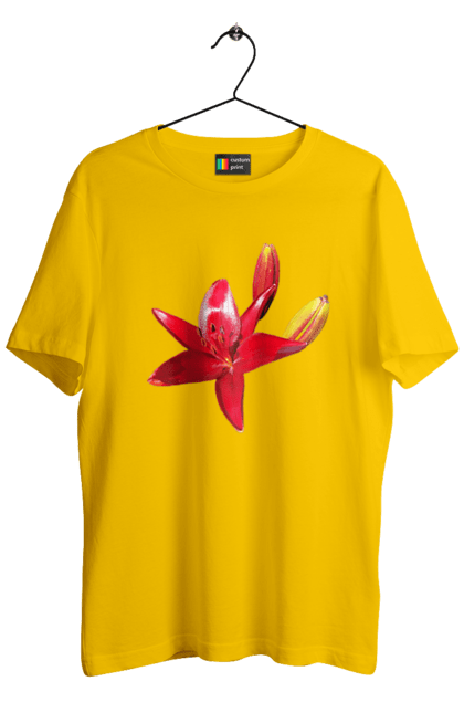 Men`s t-shirt with prints Red lily. Bright, bud, buds, color, flower, lily, nature, red, red flower, red lily, sunny. 2070702