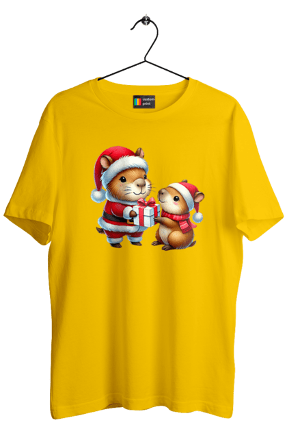 Men's t-shirt with prints Christmas Capybara with a Gift. Animal, capybara, christmas, christmas capybara, gift, holiday, new year, new year`s gift, santa. 2070702